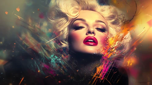 Glamorous blonde portrait in explosive neon paint burst.