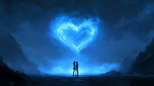 Luminescent Heart Portal: Silhouetted Figures Before Radiant Energy Manifestation