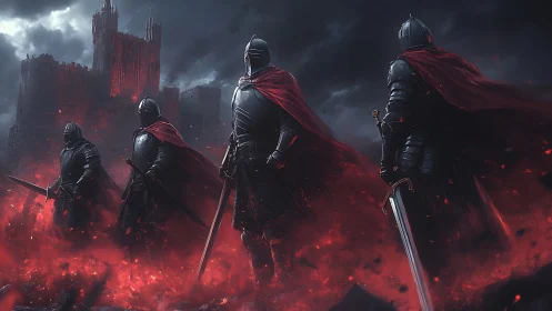 Embercloak knights circling a storm-lashed bloodred fortress.