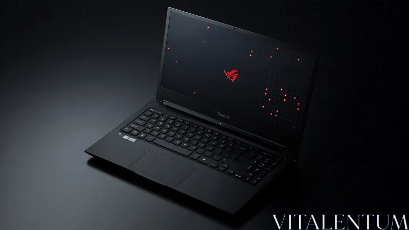 Black laptop computer on dark surface with illuminated screen.