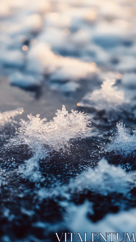 Delicate frost crystals glow softly on a calm winter surface