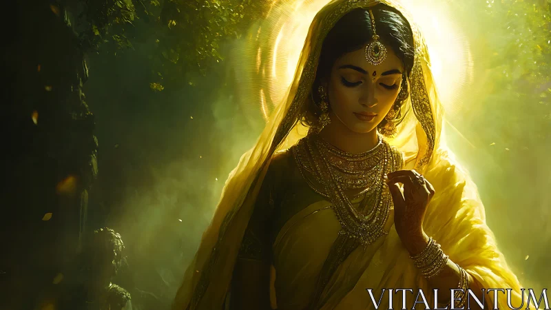 Golden goddess in forest light, wrapped in luminous serenity.