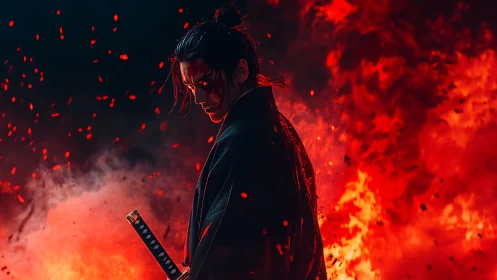 Backlit samurai portrait framed by dynamic volumetric fire and embers