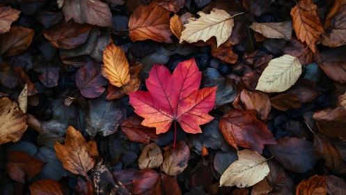 Red maple leaf centered among muted brown autumn foliage.