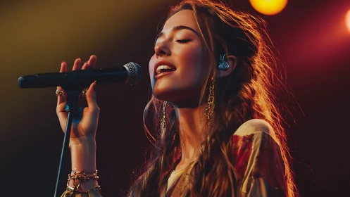 Young singer performs under warm concert stage lights.