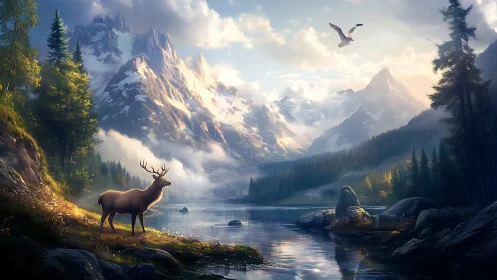 Quiet stag at sunrise beside a storybook mountain lake.