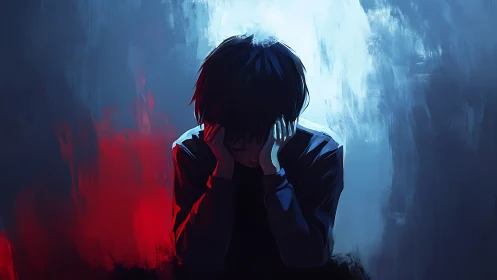 Sad boy holds head in hands in blue and red light.