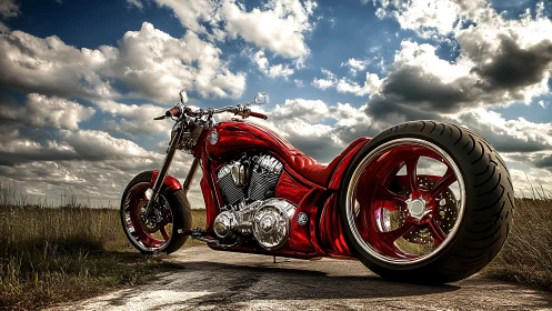 Custom red chopper motorcycle dominates dramatic country sky.