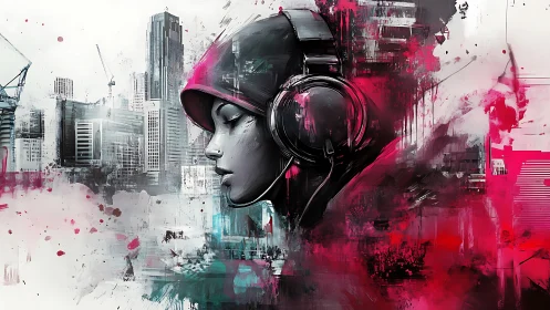 Urban DJ portrait with headphones in abstract neon cityscape