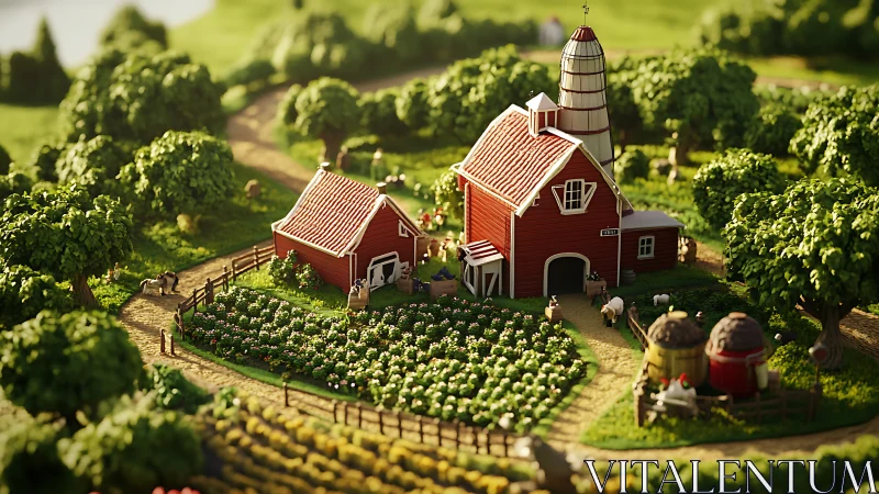 Idyllic stylized red farmstead with orchards and gardens.