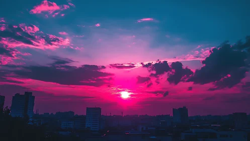 Neon magenta urban sunset over silhouetted city skyline