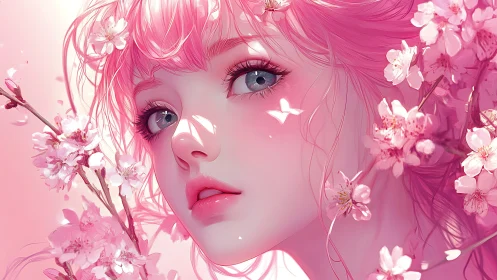 Pink haired female portrait with cherry blossoms framing face.