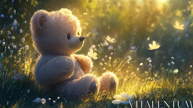 Plush teddy bear in sunlit meadow surrounded by butterflies.