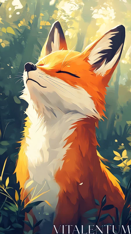 Sunlit fox portrait in stylized forest digital painting.