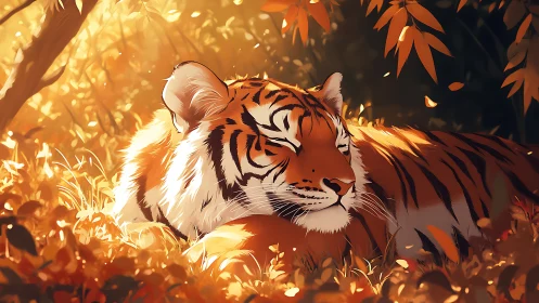 Sunlit tiger rendered in warm bokeh-lit foliage with soft shading