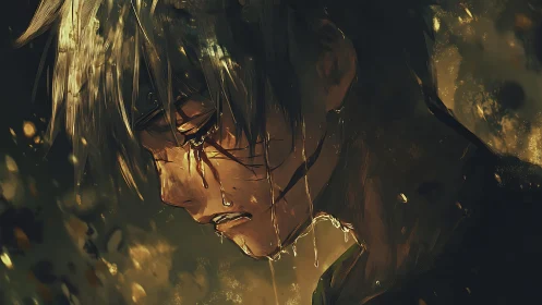 Side profile of wet-haired youth in dim golden light.