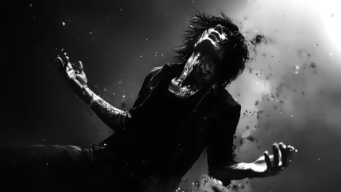 Monochrome anguished figure disintegrates in dramatic light