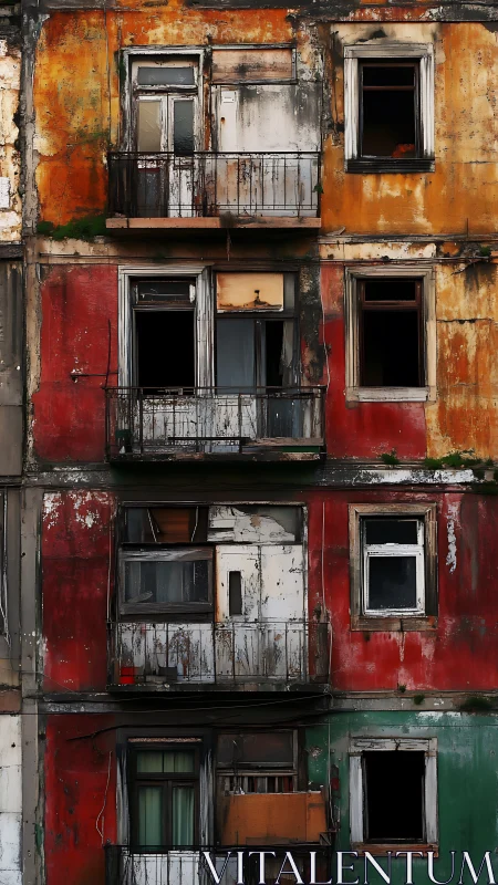 Weathered city facade with peeling color and broken balconies.