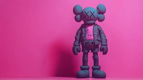 Monochrome grey figure against solid pink studio backdrop.