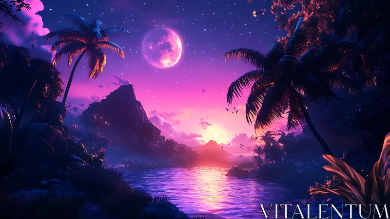 Nocturnal tropical landscape with luminous moon and flora
