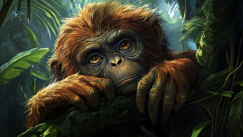 Young orangutan resting on mossy jungle tree branch.