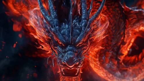 3D infernal dragon portrait with dynamic frontal composition.