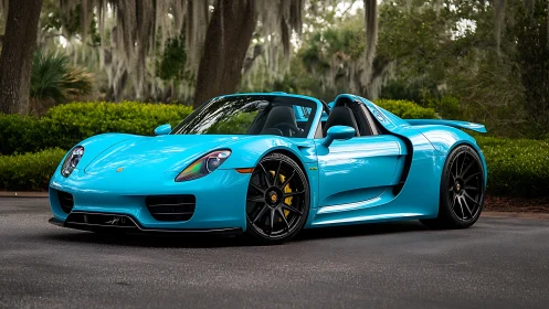 Turquoise Porsche roadster parked on wet asphalt in greenery