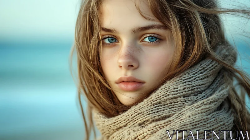 Young female portrait with blue eyes against blurred coastal background.
