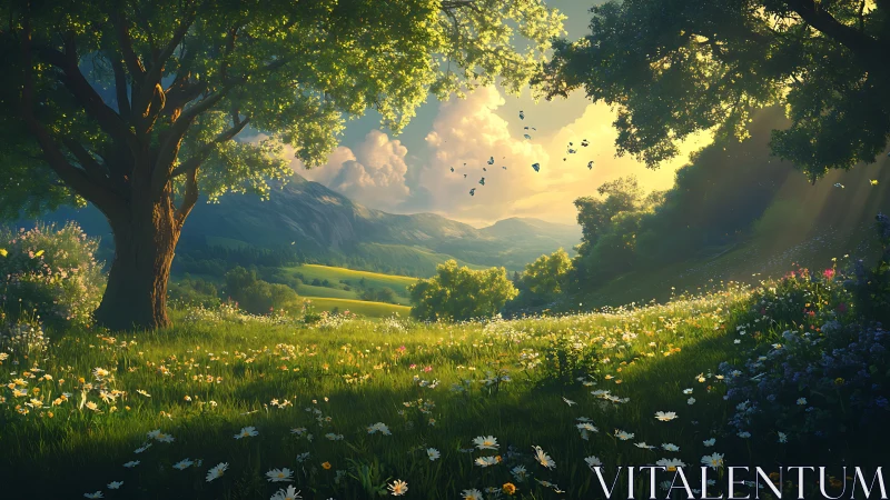 Sunlit wildflower meadow opening to dreamy green hills.