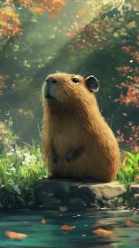Capybara sitting by forest stream in warm sunlight.