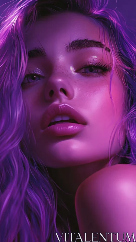 Neon lit close up portrait of young woman in purple light.
