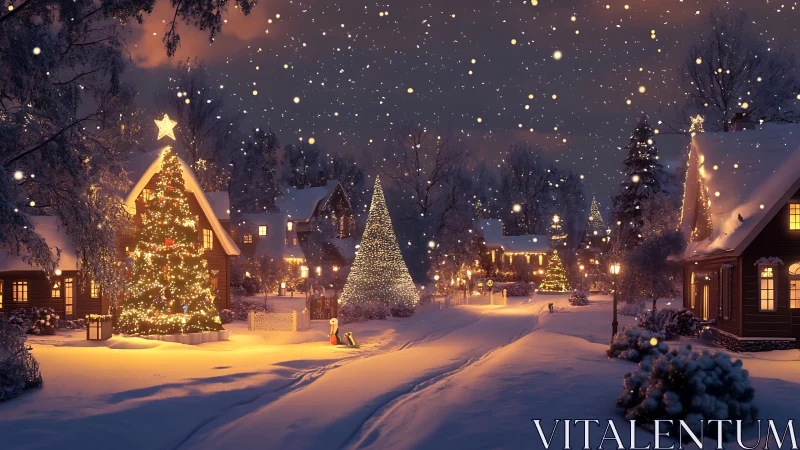 Snow-dusted village glows while Christmas lights quietly sing