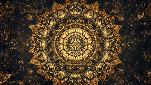 Golden fractal mandala radiates over dark textured background