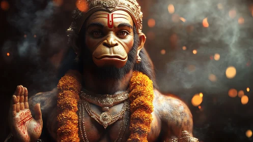 Hyperreal Hanuman deity render shows detailed fur, metalwork, and embers
