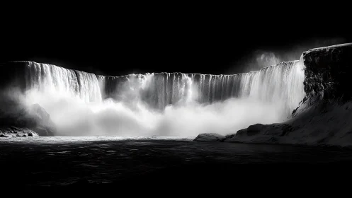 Monochrome long‑exposure waterfall under high contrast sky