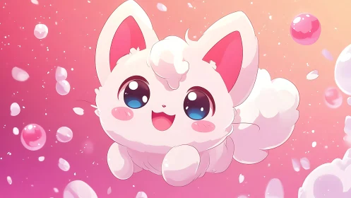 Fluffy chibi kitten floating in iridescent pastel bubbles.
