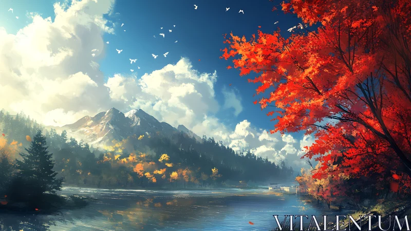 Fiery autumn forest embraces tranquil alpine lake under clouds.