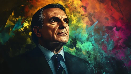 Digital portrait of solemn man against vivid abstract field.