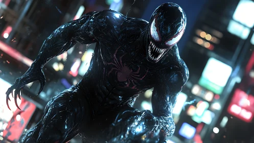 Alien symbiote lunges through neon drenched city street.