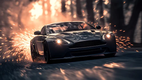 Midnight performance coupe drifting through glowing sparks.