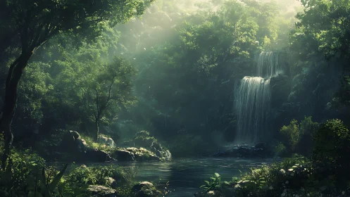 Luminescent forest cascade with volumetric light diffusion and cascading waterfall