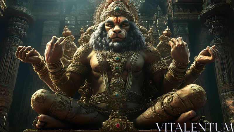 Lion-headed multi-armed deity statue occupies temple interior