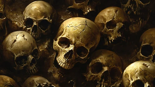 Golden ossuary wall with cracked skull cluster composition.