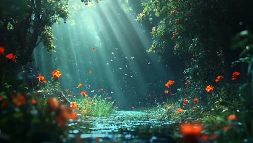 Enchanted forest stream glows under cascading sunbeams.