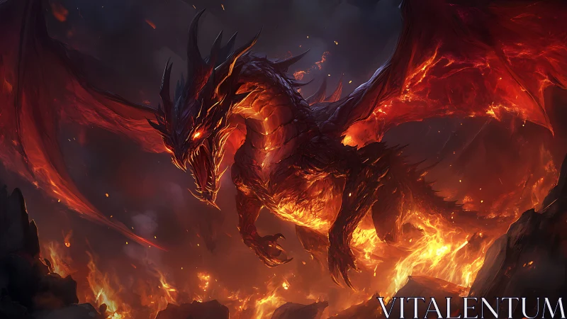 Fire dragon hovers over erupting lava field and rocky terrain.