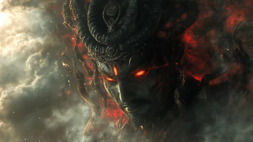 Demonic godhead emerges from storm clouds in infernal glow