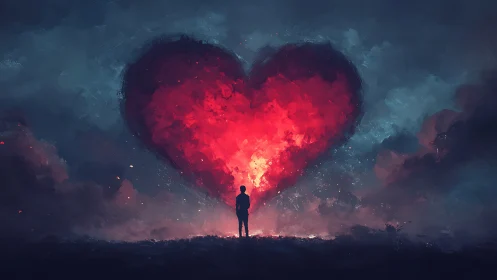 Silhouetted figure stands before a glowing celestial heart