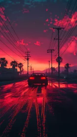 Car on wet street under power lines at vivid sunset.