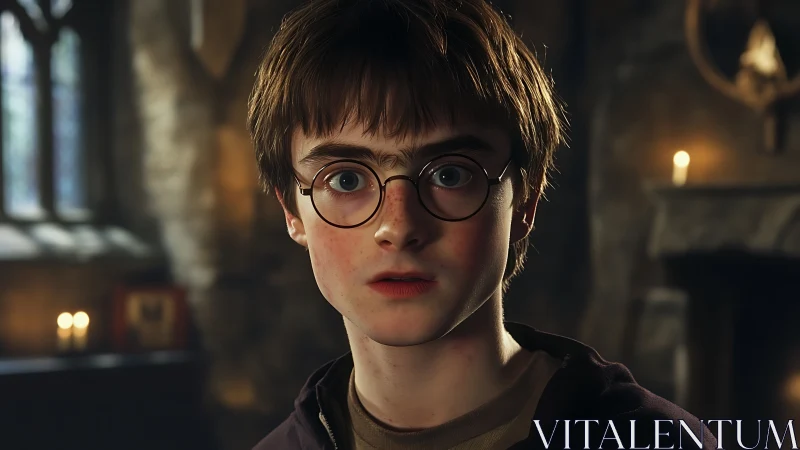 Youthful robed boy in round glasses under warm indoor candlelight