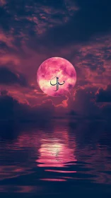 Pink moon over still water under deep magenta clouds.